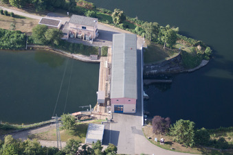 Aerial view of Windhof, Neckar lock in the district Schwabenheim in Dossenheim in the state Baden-Wuerttemberg, Germany