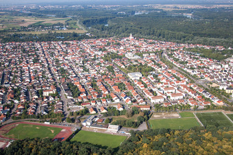 Aerial view of Town View of the streets and houses of the residential areas in Ketsch in the state Baden-Wurttemberg