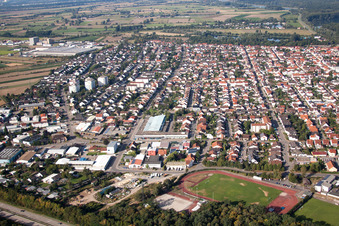 Aerial photograpy of Town View of the streets and houses of the residential areas in Ketsch in the state Baden-Wurttemberg