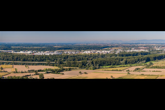 Panorama of the Stockholmer Straße industrial area from the right bank of the Rhine in Speyer in the state Rhineland-Palatinate, Germany