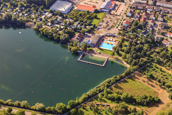 Freyersee with Ernst-Freyer-Bad and campsite in Philippsburg in the state Baden-Wuerttemberg, Germany