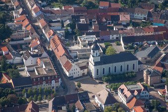 Aerial view of Church building of St. Maria Old in Town- center of downtown in Philippsburg in the state Baden-Wurttemberg, Germany