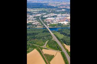 Aerial view of Rudolf von Habsburg Bridge for the B35 over the Rhine in Germersheim in the state Rhineland-Palatinate, Germany