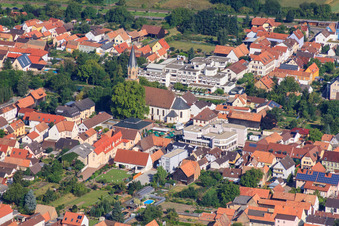 Aerial view of Municipal administration, Church of St. Mauritius and Braunsche Foundation in Rülzheim in the state Rhineland-Palatinate, Germany
