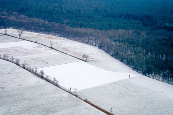 Aerial view of Otterbachtal in winter with snow in the district Schaidt in Wörth am Rhein in the state Rhineland-Palatinate, Germany