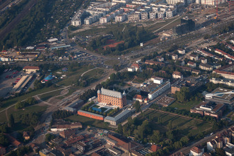 Aerial view of Gottesaue Castle in the district Oststadt in Karlsruhe in the state Baden-Wuerttemberg, Germany