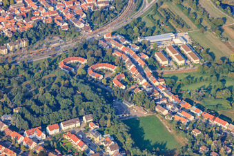 Aerial view of Rheinbrückenstr in the district Knielingen in Karlsruhe in the state Baden-Wuerttemberg, Germany