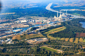 Aerial view of Energieberg-Karlsruhe wind farm in the Rhine harbor in the district Knielingen in Karlsruhe in the state Baden-Wuerttemberg, Germany