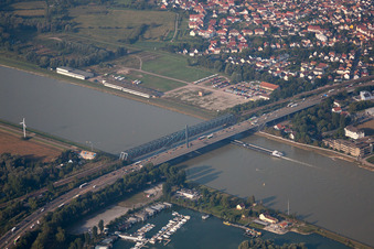 Oblique view of Maxau Rhine Bridge in the district Knielingen in Karlsruhe in the state Baden-Wuerttemberg, Germany