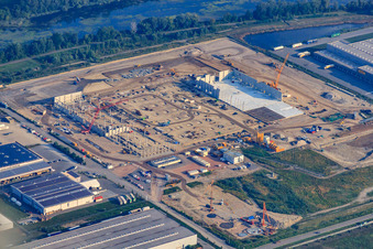 Oblique view of Construction site for MEG Wörth am Rhein GmbH in the Oberwald industrial area in Wörth am Rhein in the state Rhineland-Palatinate, Germany