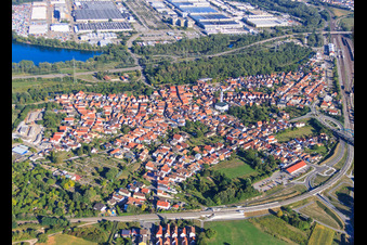 Aerial view of Old Wörth in Wörth am Rhein in the state Rhineland-Palatinate, Germany