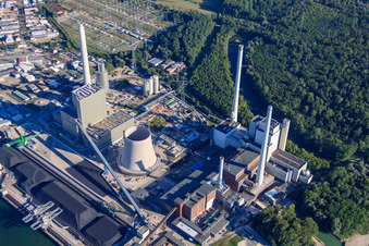 Aerial photograpy of Rhine port steam power plant Karlsruhe of EnBW Energie Baden-Württemberg AG in the district Daxlanden in Karlsruhe in the state Baden-Wuerttemberg, Germany