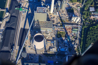 Oblique view of Rhine port steam power plant Karlsruhe of EnBW Energie Baden-Württemberg AG in the district Daxlanden in Karlsruhe in the state Baden-Wuerttemberg, Germany