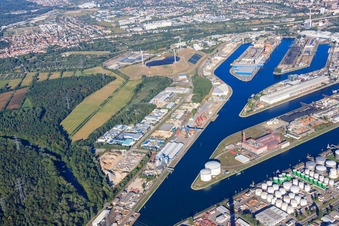 Aerial view of Karlsruhe Rhine ports in the district Mühlburg in Karlsruhe in the state Baden-Wuerttemberg, Germany