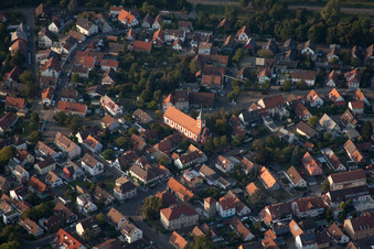 St. Valentine in the district Daxlanden in Karlsruhe in the state Baden-Wuerttemberg, Germany from above