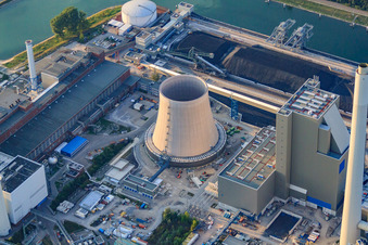 Bird's eye view of Rhine port steam power plant Karlsruhe of EnBW Energie Baden-Württemberg AG in the district Daxlanden in Karlsruhe in the state Baden-Wuerttemberg, Germany