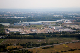 Oberwald industrial area in Wörth am Rhein in the state Rhineland-Palatinate, Germany seen from a drone