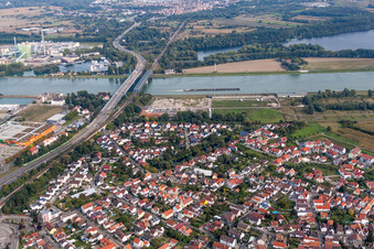 Rail and Street bridges construction across the Rhine river between Karlsruhe and Woerth am Rhein in the state Rhineland-Palatinate, Germany from the plane