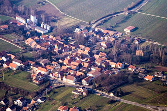 Overview of the town from the southeast, including Bischoff Mill in the district Appenhofen in Billigheim-Ingenheim in the state Rhineland-Palatinate, Germany