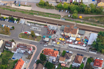 Aerial view of Festival of the Federweise at the station forecourt in Kandel in the state Rhineland-Palatinate, Germany