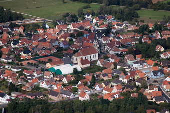 Town View of the streets and houses of the residential areas in Haguenau in Grand Est, France from above