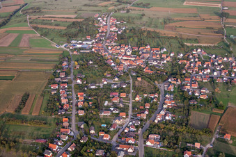 Oblique view of Village - view on the edge of agricultural fields and farmland in Gunstett in Grand Est, France