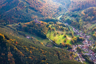 Bird's eye view of Berwartstein Castle in Erlenbach bei Dahn in the state Rhineland-Palatinate, Germany