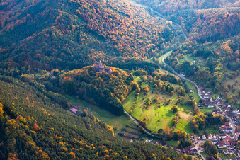 Berwartstein Castle in Erlenbach bei Dahn in the state Rhineland-Palatinate, Germany viewn from the air