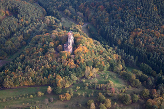 Berwartstein Castle in Erlenbach bei Dahn in the state Rhineland-Palatinate, Germany seen from a drone