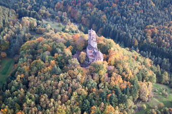 Berwartstein Castle in Erlenbach bei Dahn in the state Rhineland-Palatinate, Germany from the plane