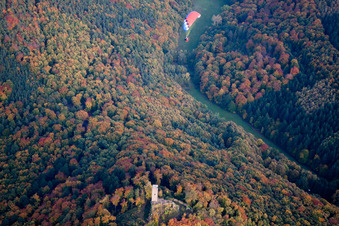 Scharfenberg Castle ruins, called "Münz in Leinsweiler in the state Rhineland-Palatinate, Germany from above