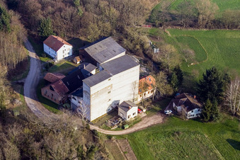 Historic watermill on the farmstead of a farm between forest and meadows in Minfeld in the state Rhineland-Palatinate, Germany