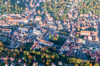 Aerial view of Churches, thermal baths and Casino Barrière in Niederbronn-les-Bains in the state Bas-Rhin, France