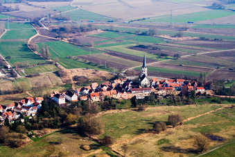 Aerial view of Church building in Am Hinterstaedtl Old Town- center of downtown in Jockgrim in the state Rhineland-Palatinate