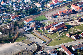 Aerial view of Bürgherhaus, festival hall from the southeast in Jockgrim in the state Rhineland-Palatinate, Germany