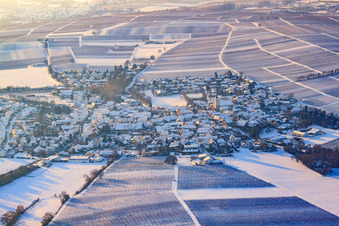 Village view from the east in winter with snow in the district Mörzheim in Landau in der Pfalz in the state Rhineland-Palatinate, Germany