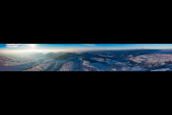 Winter Haardt panorama of the Southern Palatinate from Klingenmünster to Albersweiler in the snow in Ranschbach in the state Rhineland-Palatinate, Germany