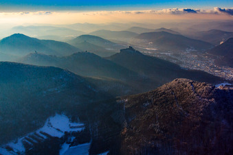 Hohenberg and Trifels from the east in winter with snow in Annweiler am Trifels in the state Rhineland-Palatinate, Germany