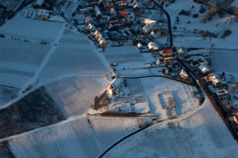 Oblique view of St. Dionysius Chapel in the snow in the district Gleiszellen in Gleiszellen-Gleishorbach in the state Rhineland-Palatinate, Germany