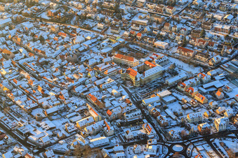 Aerial view of Castle Bad Bergzabern in winter with snow in Bad Bergzabern in the state Rhineland-Palatinate, Germany
