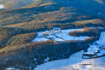 Aerial view of Liebfrauenberg Monastery in winter with snow in Bad Bergzabern in the state Rhineland-Palatinate, Germany