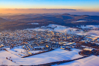 City overview from the southeast in winter with snow in Bad Bergzabern in the state Rhineland-Palatinate, Germany