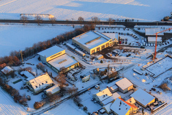 Aerial view of Karlshöhlchen in winter with snow in Freckenfeld in the state Rhineland-Palatinate, Germany