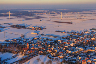 Minfelde wind farm in winter with snow in Minfeld in the state Rhineland-Palatinate, Germany