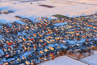 Eichstraße in winter with snow in Minfeld in the state Rhineland-Palatinate, Germany
