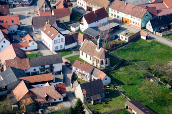 Aerial view of Church building in the village of in Dierbach in the state Rhineland-Palatinate