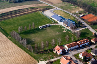 Aerial view of Dierbachhalle and sports fields in Dierbach in the state Rhineland-Palatinate, Germany