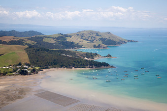 Oblique view of District Te Kouma in Coromandel in the state Waikato, New Zealand