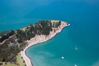 Drone recording of Whanganui Island in the state Waikato, New Zealand