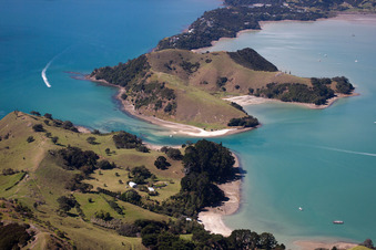 Drone image of Whanganui Island in the state Waikato, New Zealand